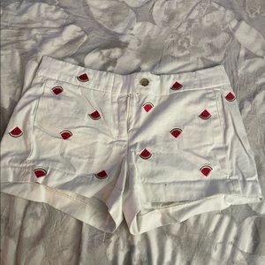 White J Crew shorts with watermelon slices on them